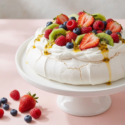 A pure white round pavlova with a crisp meringue exterior and visible cracks revealing a soft marshmallowy interior, topped with billowing coconut whipped cream and a bright crown of fresh strawberries, raspberries, blueberries, and kiwi slices,...