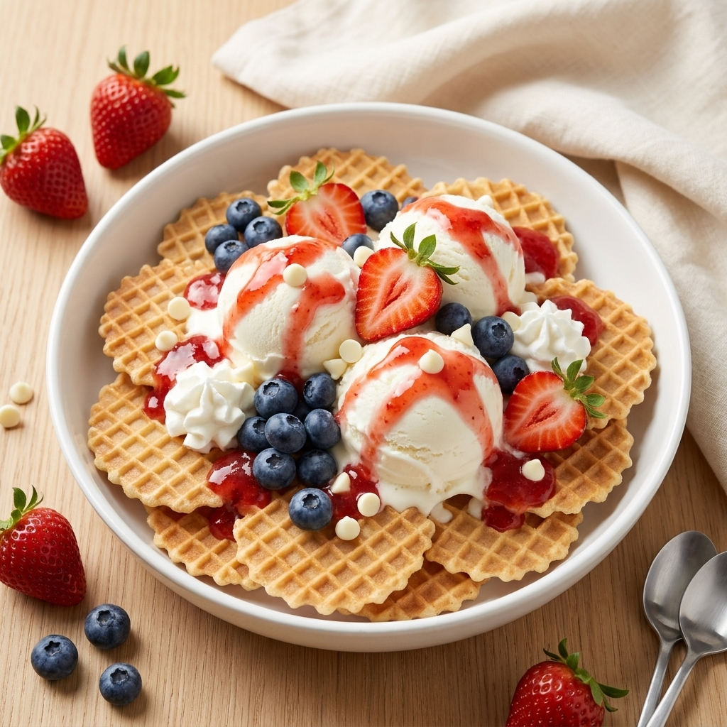 Stars & Stripes Ice Cream Nachos in a wide white ceramic bowl — waffle cone chips topped with three scoops of vanilla ice cream, fresh strawberries and blueberries, whipped cream, and a generous drizzle of bright red strawberry sauce, on a light oak...