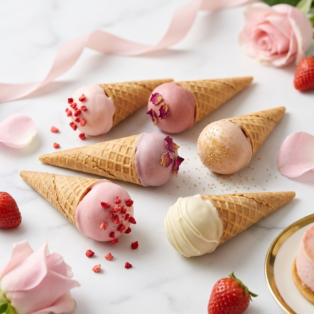 Five elegant Mother's Day strawberry rosé cake pops on mini waffle cones in shades of pale pink, dusty rose, champagne, and creamy white, decorated with freeze-dried strawberry and rose petals on a white marble surface