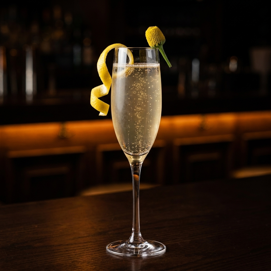 A tall champagne flute holding a French 75 cocktail with golden bubbles rising through pale liquid, garnished with a curled lemon twist and a single vibrant yellow Buzz Button flower with green stem balanced on the rim, moody craft cocktail bar...