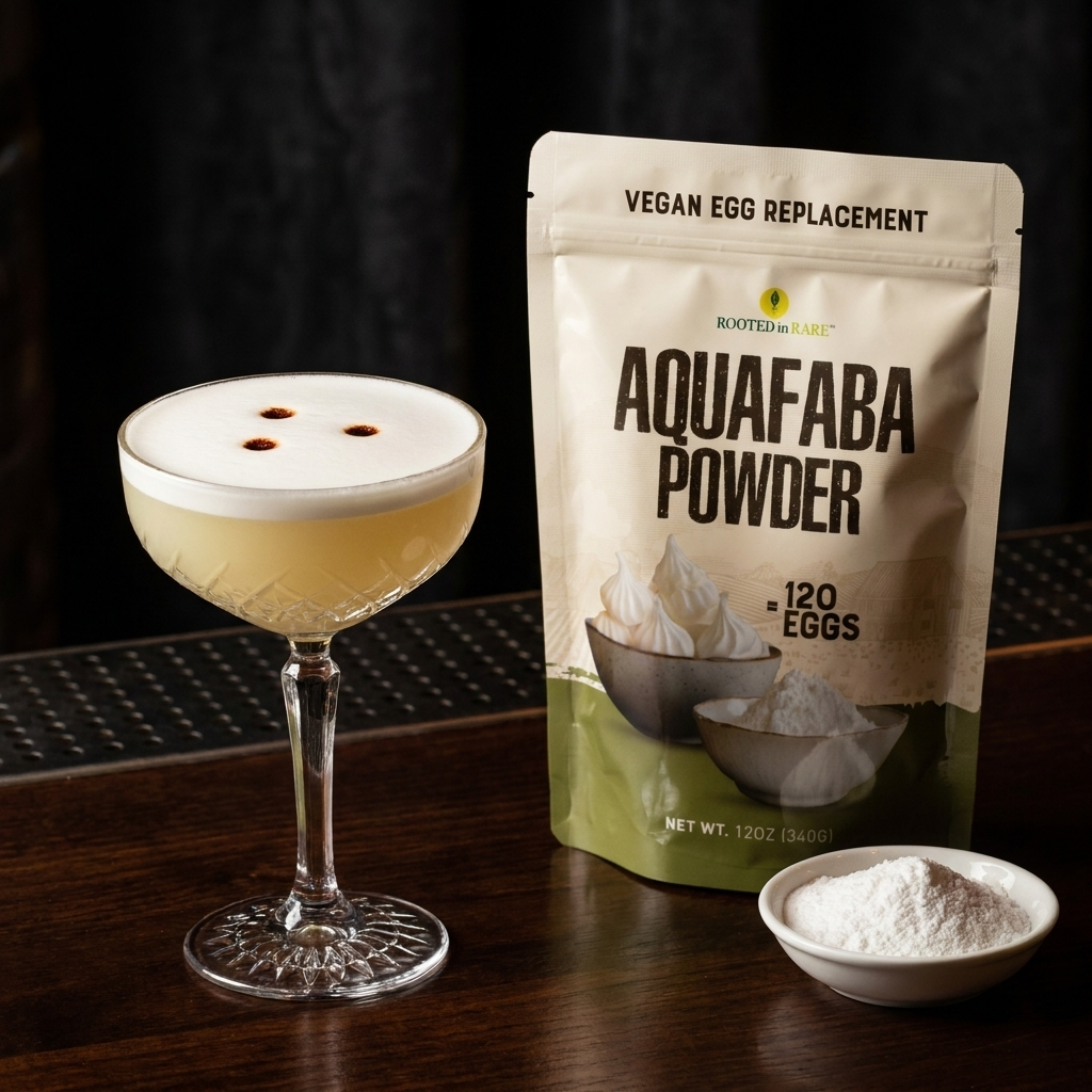 A coupe glass holding a pale yellow vegan pisco sour with a thick smooth white aquafaba foam top decorated with three dots of dark Angostura bitters arranged in a triangle pattern, moody craft cocktail bar lighting with dark wood bar background