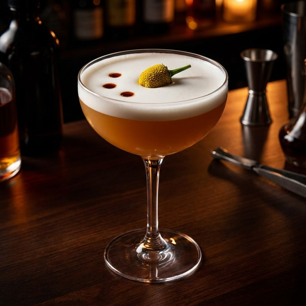 A coupe glass holding an amber whiskey sour with a smooth white foam top, garnished with a single small vibrant yellow Buzz Button flower bud with green stem floating on the foam, photographed in moody dim craft cocktail bar lighting with dark wood...