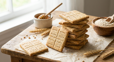 Homemade rectangular graham crackers with classic dotted-hole pattern and a center scored line, visible whole-wheat bran flecks across the golden tan surface, stacked unevenly on parchment paper with a small pot of honey and a few whole wheat grains...
