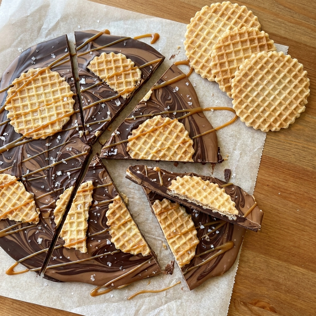 Broken pieces of dark and milk chocolate bark studded with golden crushed waffle cone chips, drizzled with amber salted caramel and sprinkled with flaky sea salt, arranged on parchment paper with a few intact waffle cone chips beside