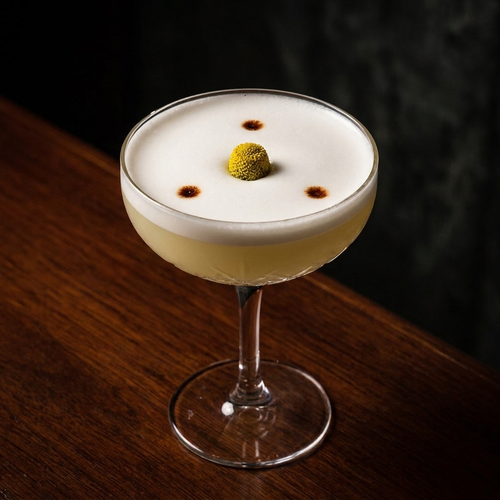 A coupe glass holding a pale yellow pisco sour with a thick smooth white foam top, decorated with three small dots of dark Angostura bitters and crowned with a vibrant yellow Buzz Button flower with green stem floating in the center, moody craft...