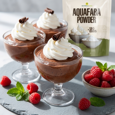 Three small glass coupes filled with airy dark chocolate vegan mousse topped with rosettes of coconut whipped cream and dark chocolate shavings, with fresh raspberries scattered around on a slate grey surface in soft daylight