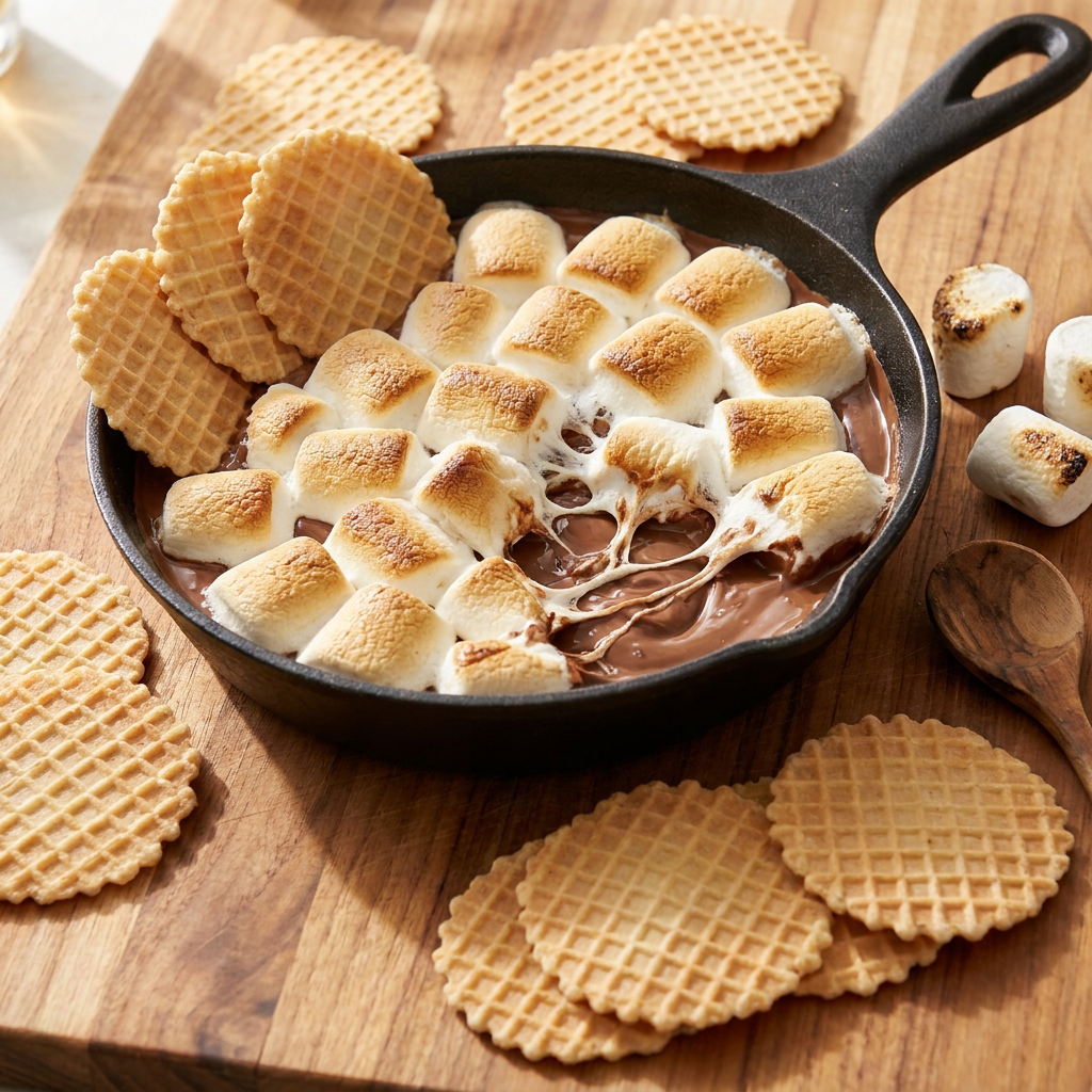 Cast iron skillet with melted milk chocolate topped with golden toasted marshmallows pulled into stringy strands, with crisp golden waffle cone chips arranged around the skillet for dipping on a wooden board