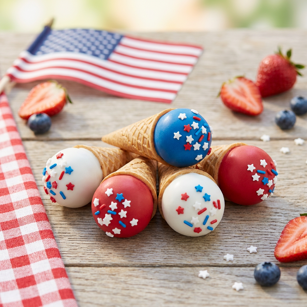 Five 4th of July mini waffle cone cake pops in bright candy red, pure white, and royal blue, topped with white star confetti sprinkles, laying naturally on a weathered oak picnic-table wood surface with a red gingham linen runner, scattered fresh...