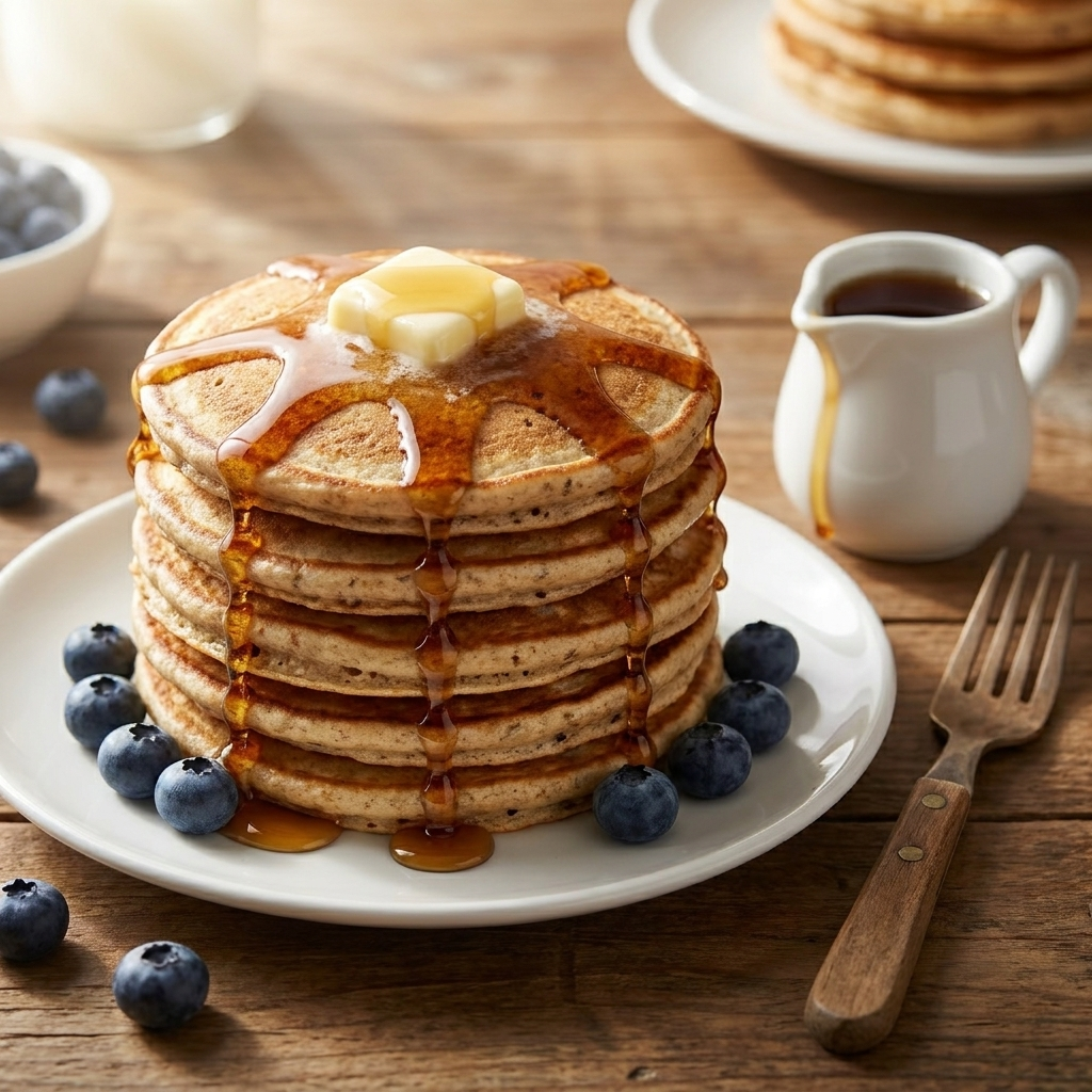 A stack of five fluffy golden-brown graham flour pancakes on a white plate, visible whole-wheat bran flecks throughout, topped with a melting pat of butter and a slow drizzle of dark amber maple syrup, with fresh blueberries scattered around the plate...