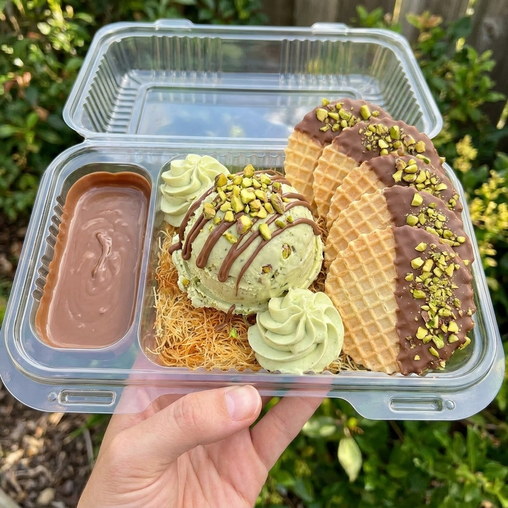 Dubai Chocolate Ice Cream Nachos in a clear takeout tray held in hand — pistachio ice cream topped with kataifi, chopped pistachios, and a chocolate drizzle, flanked by pistachio whipped cream rosettes, with milk chocolate ganache on the side and...