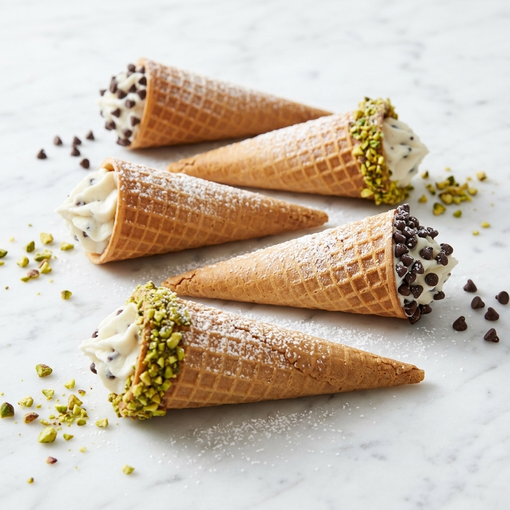 Five mini cannoli cones with sweetened ricotta filling piped into golden waffle cones, ends dipped in mini chocolate chips and crushed pistachios, dusted with powdered sugar on a white marble surface