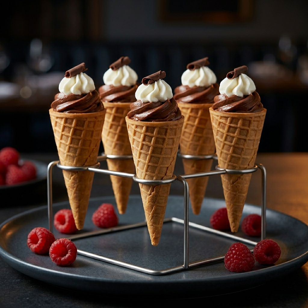 Five mini waffle cones piped full of glossy dark chocolate mousse topped with rosettes of whipped cream and dark chocolate shavings, served on a slate-grey plate with raspberries beside on a marble surface