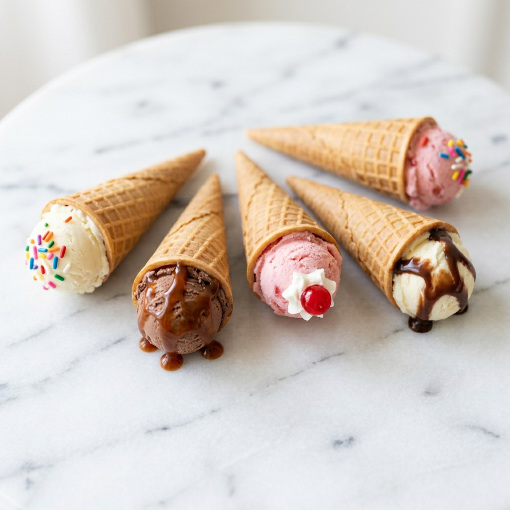 Five mini waffle cone ice cream sundae bites filled with scoops of strawberry, chocolate, and vanilla ice cream topped with rainbow sprinkles, hot fudge, and tiny maraschino cherries on a white marble surface