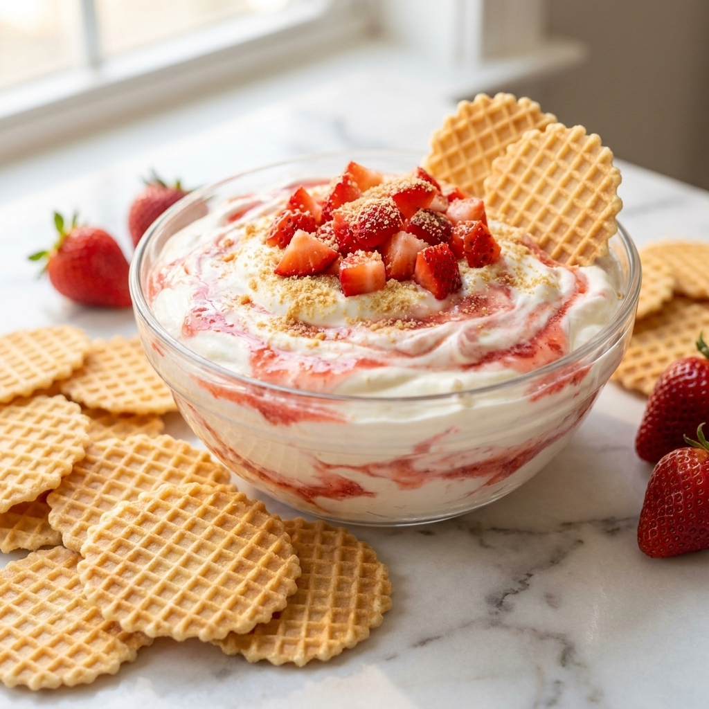 Glass bowl of pink and white swirled strawberry cheesecake dip topped with diced fresh strawberries and a graham cracker crumble, surrounded by crisp golden waffle cone chips on a white marble surface