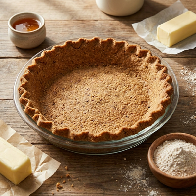 A 9-inch glass pie dish holding a press-in golden-brown graham flour crust with visible bran flecks, neatly crimped edges and slightly toasted bottom, with a small bowl of honey, a stick of butter, and a scoop of graham flour beside on a warm wooden...