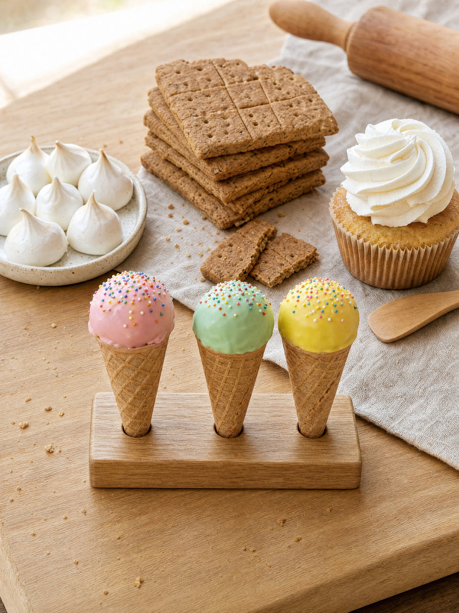 Mini waffle cones with pastel cake pop scoops for the Baking panel