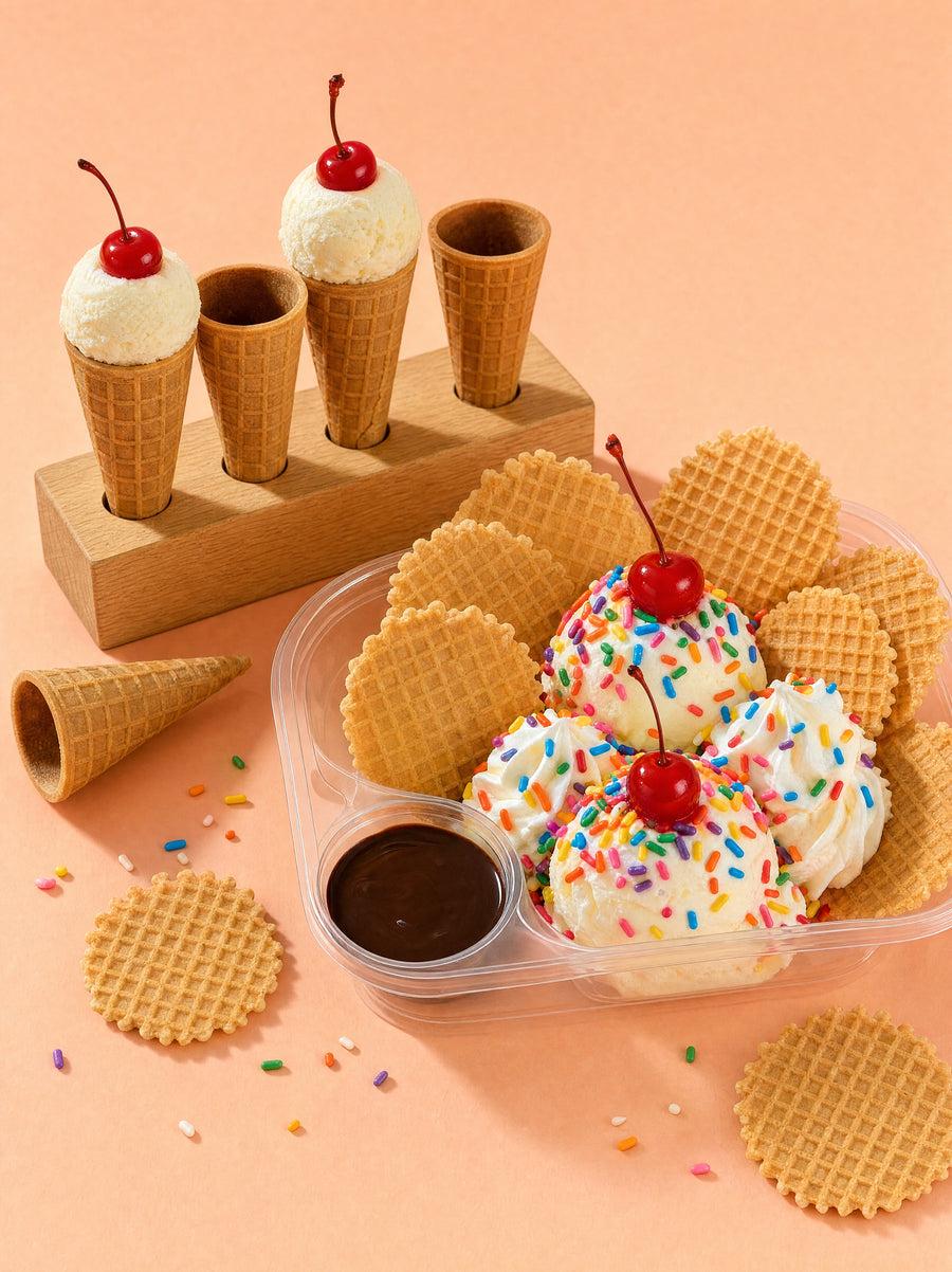 Ice cream nachos clamshell trays for the Ice Cream creations panel