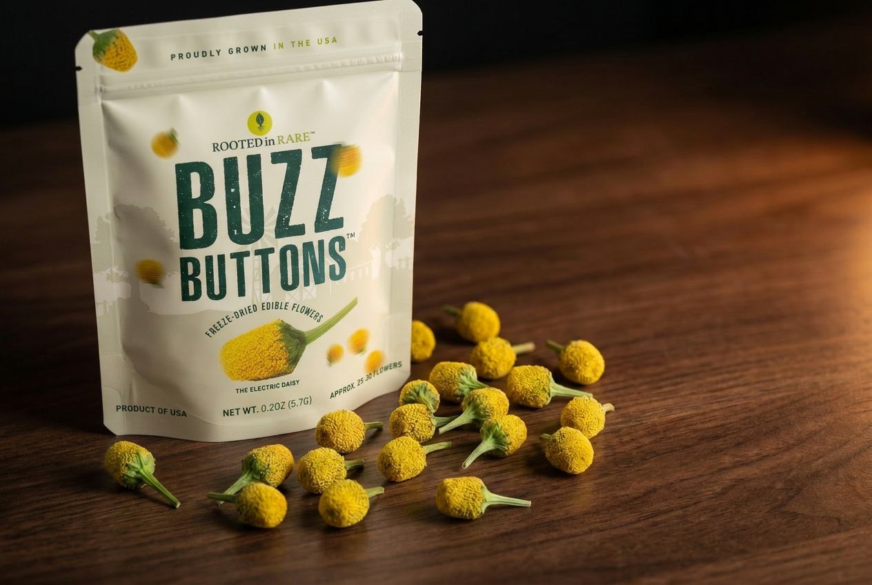 Buzz Buttons 0.2 oz pouch with freeze-dried electric daisy flowers scattered on a wood surface