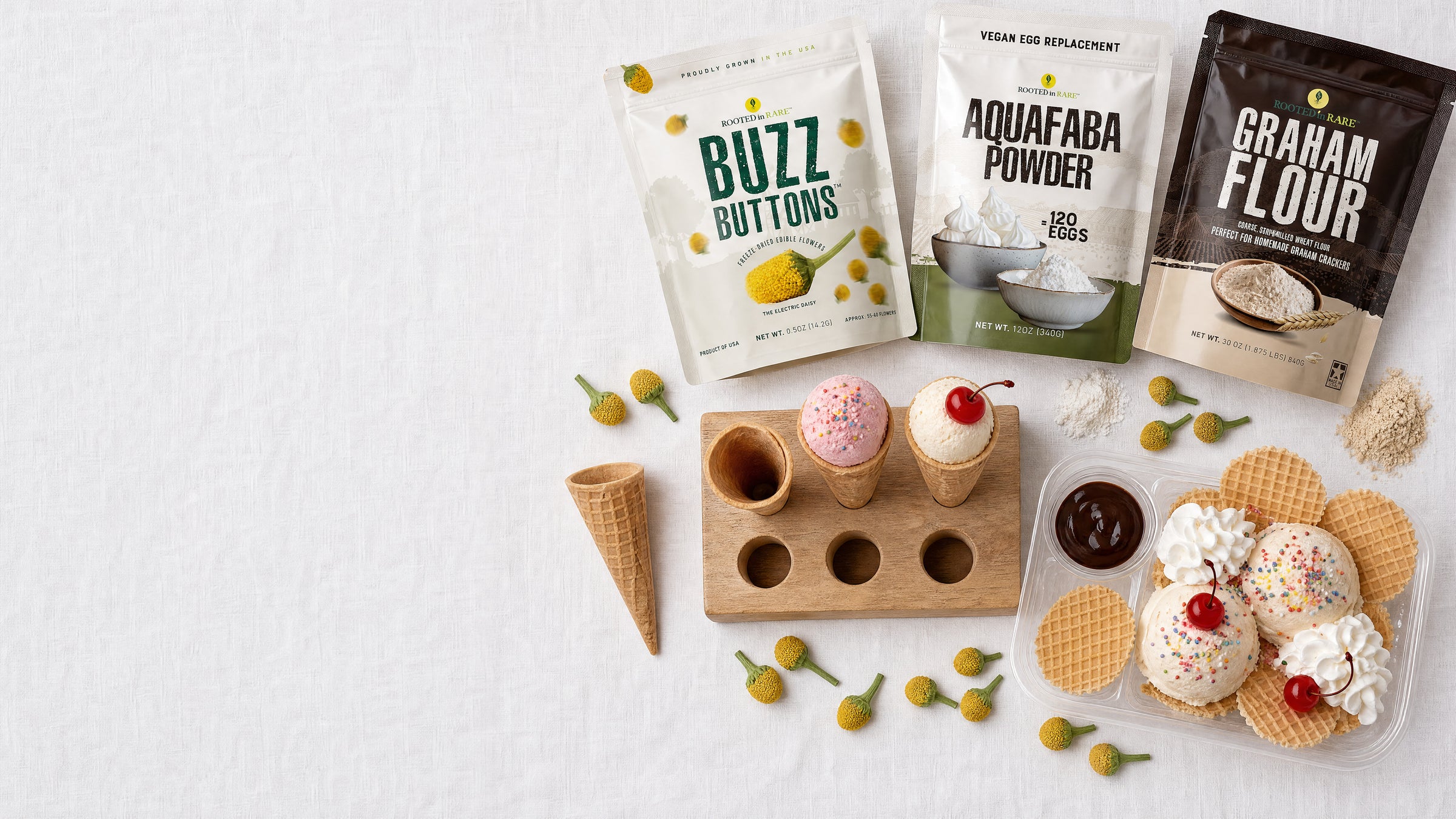 Rooted in Rare product catalog flat-lay hero