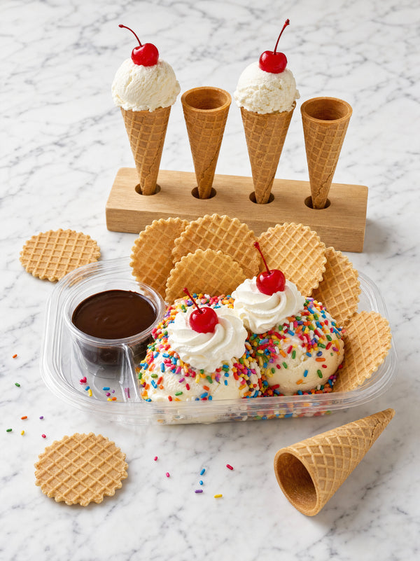 Ice cream nachos plated with mini waffle cone chips and pastel scoops