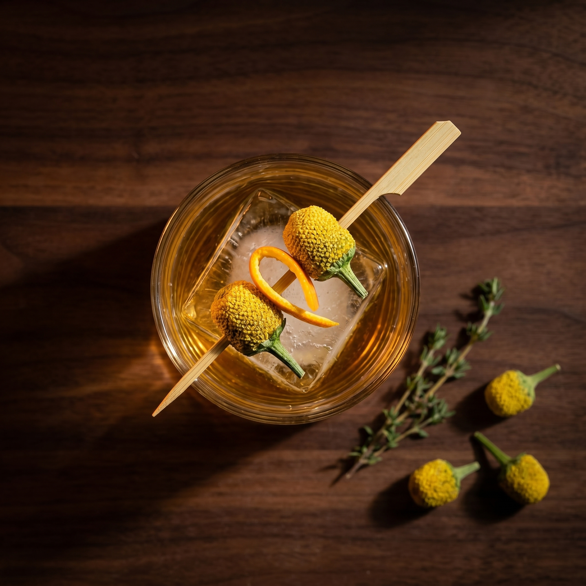 Buzz Buttons speared on a cocktail pick